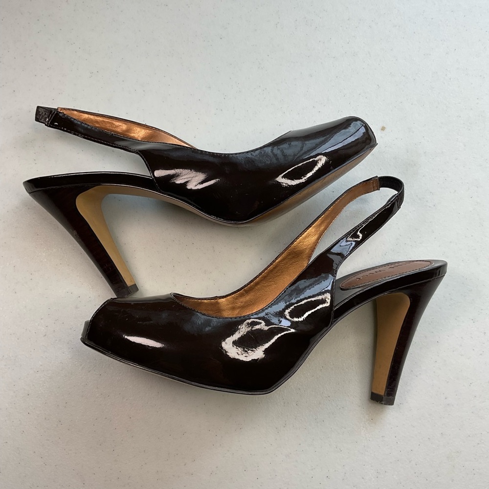 Nine West Actiso Brown Patent Slingback Heels Size 6.5M Peep Toe Platform Pumps